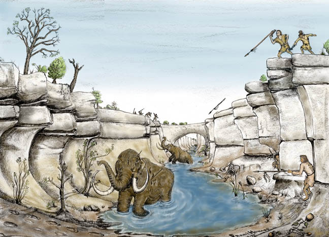 Drawing of Indians capturing mammoths